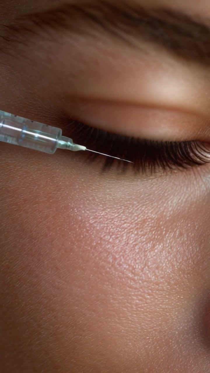 Primo piano dettagliato di una procedura medica focalizzata sull'occhio, che mostra una siringa pronta per l'applicazione, enfatizzando precisione e cura nel miglioramento estetico.