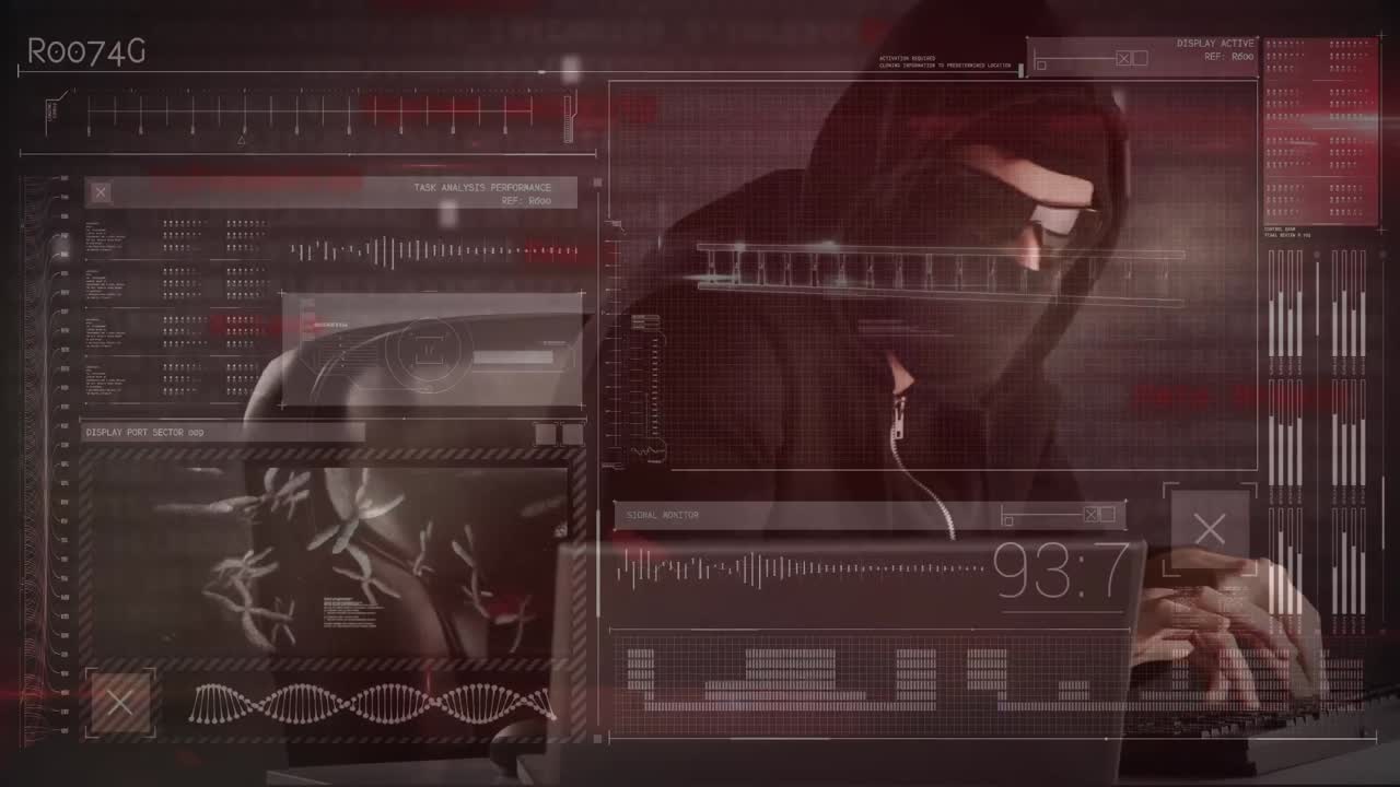 animación del procesamiento de datos sobre un hacker de computadoras caucásico en balaclava usando una computadora portátil