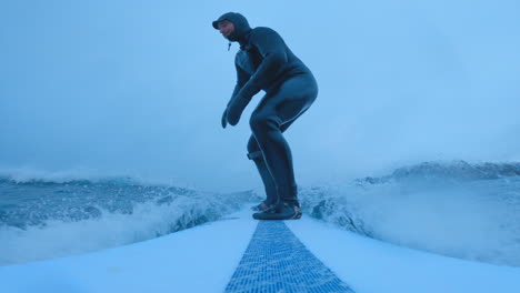 surfing in the arctic north of norway, scandinavia, blue light, moody surf with a longboard