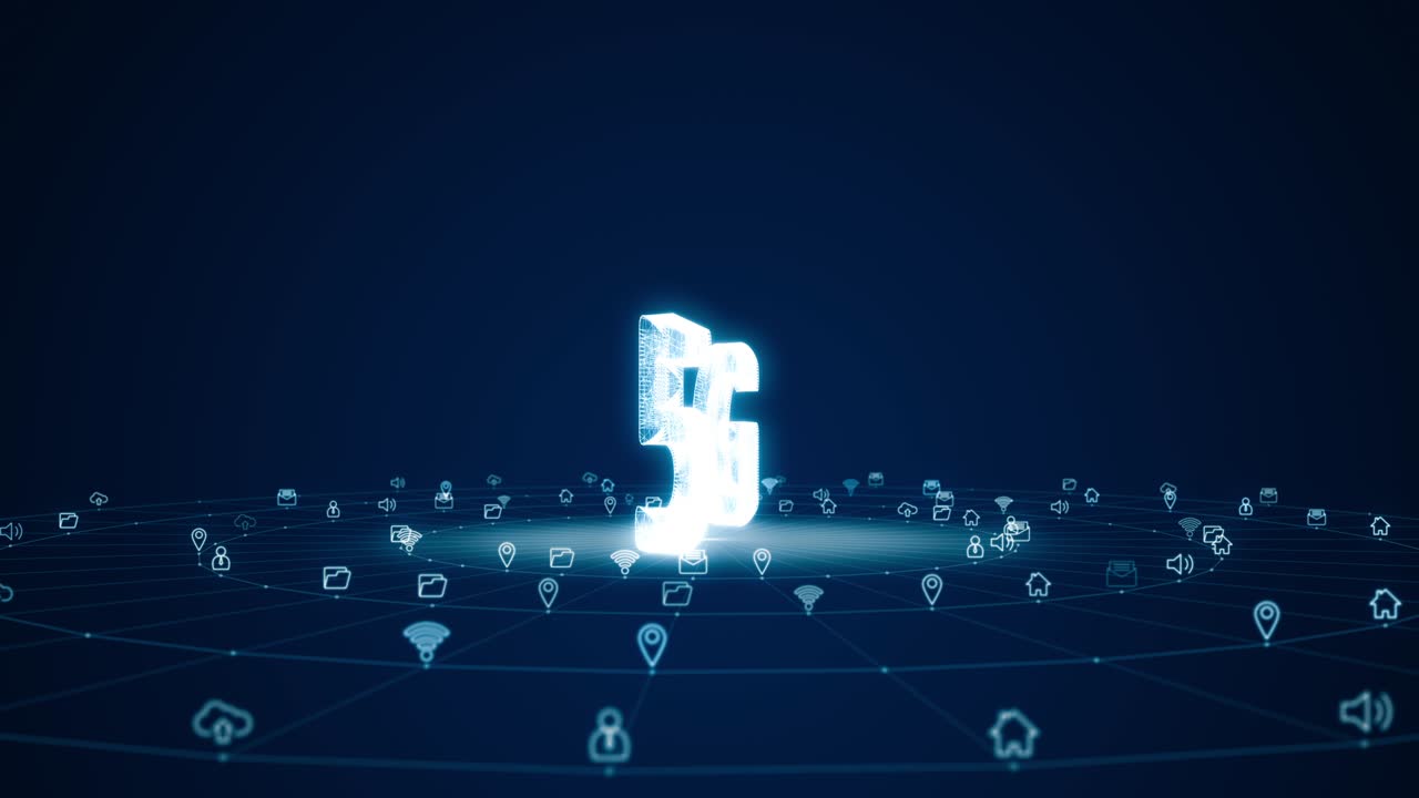 Motion graphic of Blue digital 3D 5G logo with futuristic technology icon and line connection with circle rotation on abstract background concept seamless loop video