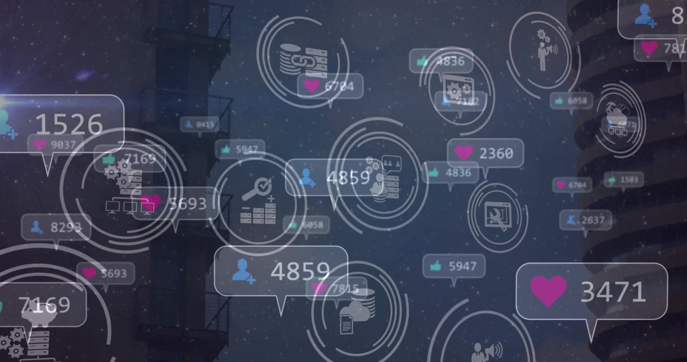 Digital Social Media Engagement Icons Overlaid on Urban Building Background