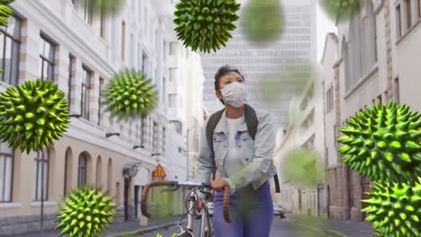 animación de células de macro coronavirus covid-19 que se propagan sobre una mujer que usa una máscara en la calle