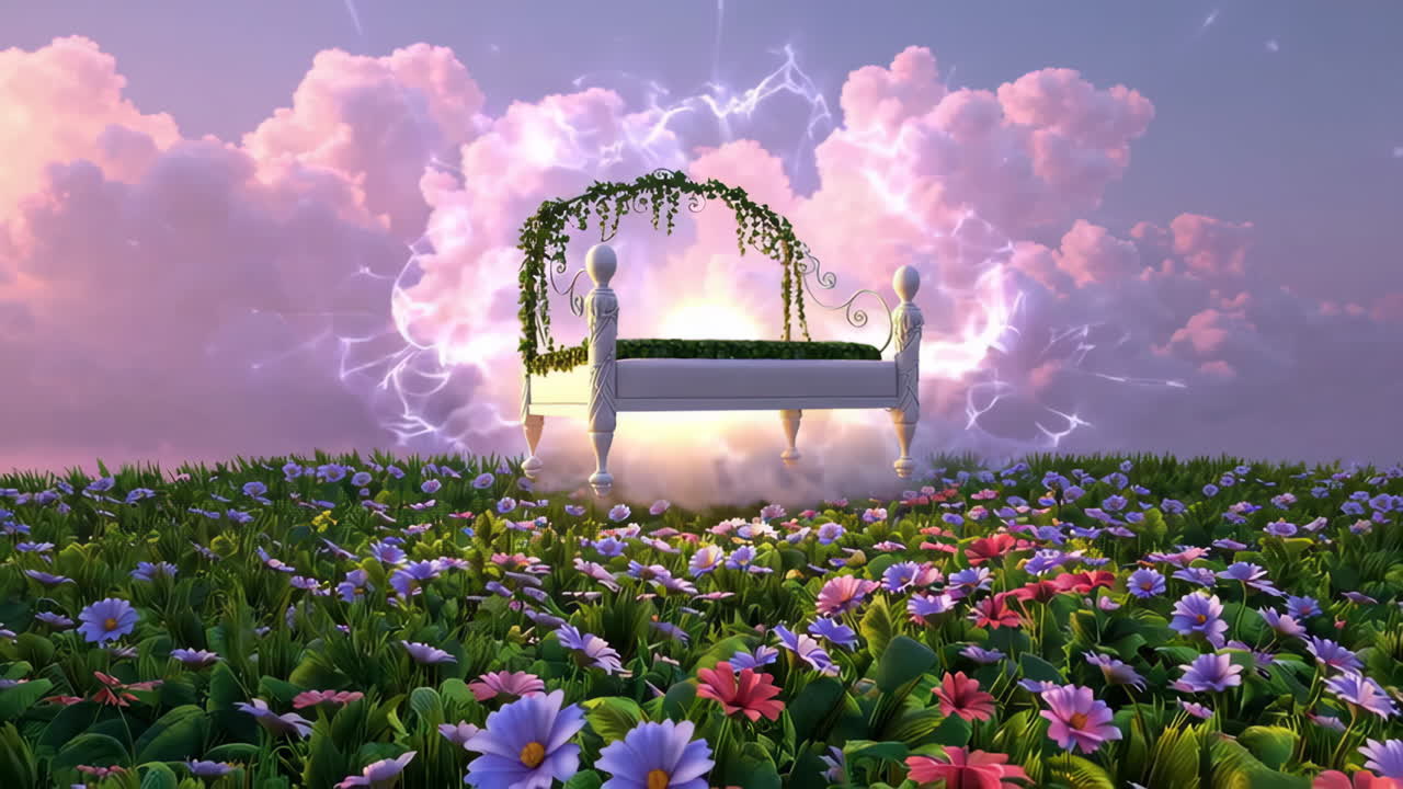 Dreamlike Floating Bed in a Magical Flower Field with Ethereal Sky