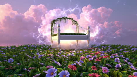 dreamlike floating bed in a magical flower field with ethereal sky