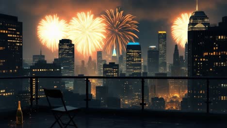 Spectacular fireworks illuminate city skyline during nighttime celebration with copy space