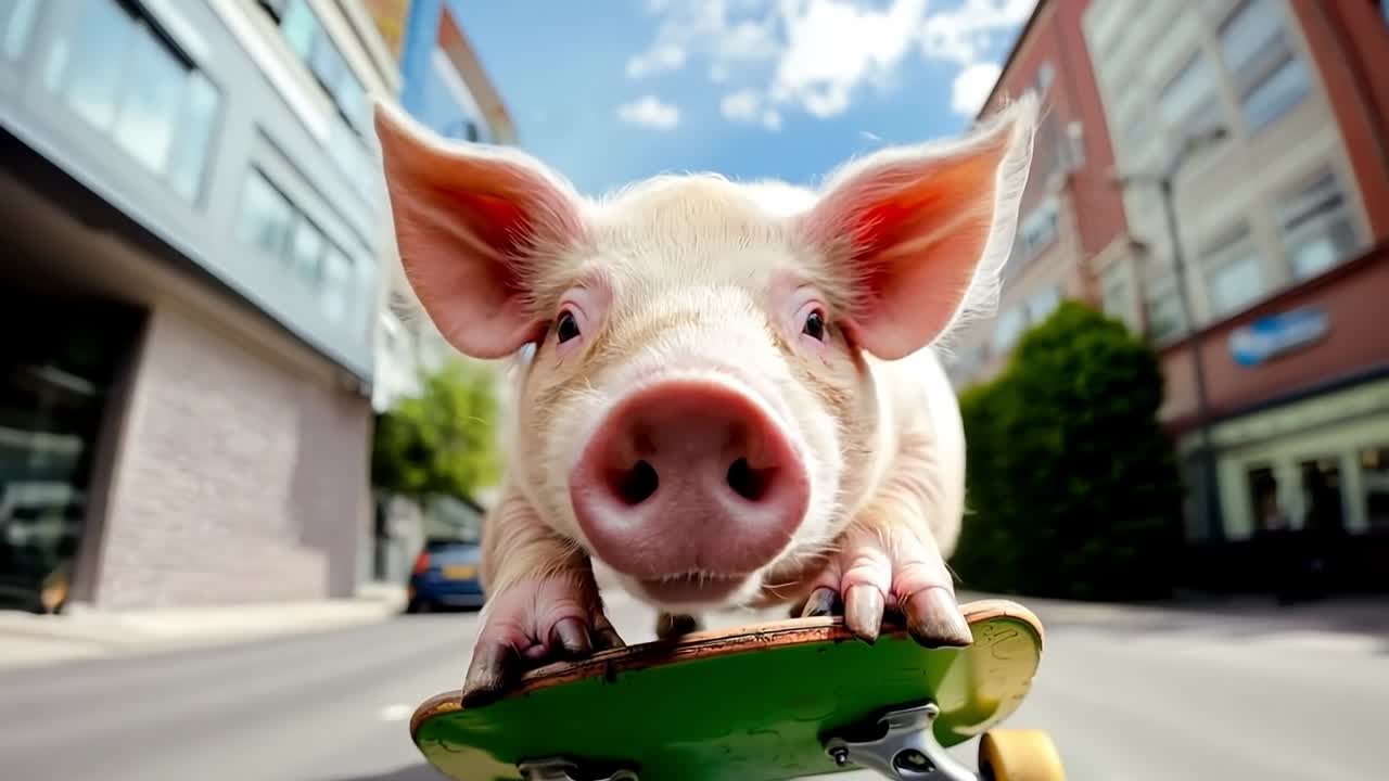 A small pig on a skateboard in the middle of a city