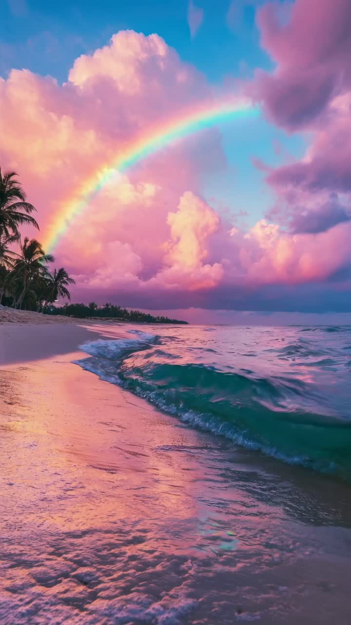A vibrant video concept capturing a low-angle view of a tropical beach at sunset, with a rainbow