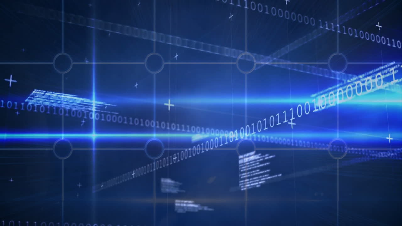 Animation of digital data streams and binary code flowing through blue grid
