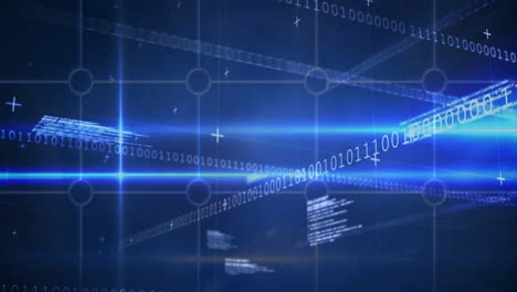 animation of digital data streams and binary code flowing through blue grid