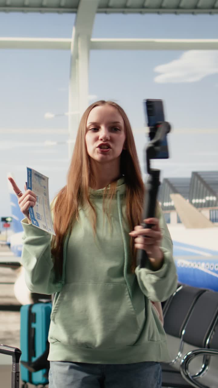 Video verticale: giovane donna, influencer che filma una diretta streaming, video in un affollato terminal aeroportuale
