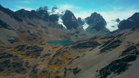 aerial drone view of a picturesque alpine lake in the andes mountains of south america