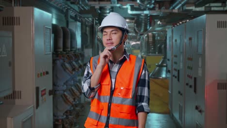 asian male engineer with safety helmet thinking about something and looking around while standing in engine control room, work of electrical generators