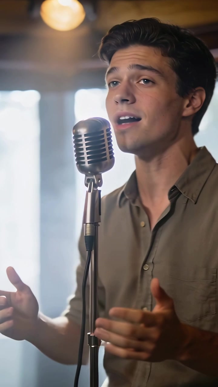 Video verticale: Cantante che inspira, in camicia, si esibisce in un caffè con microfono cromato vintage, spazio per il testo.