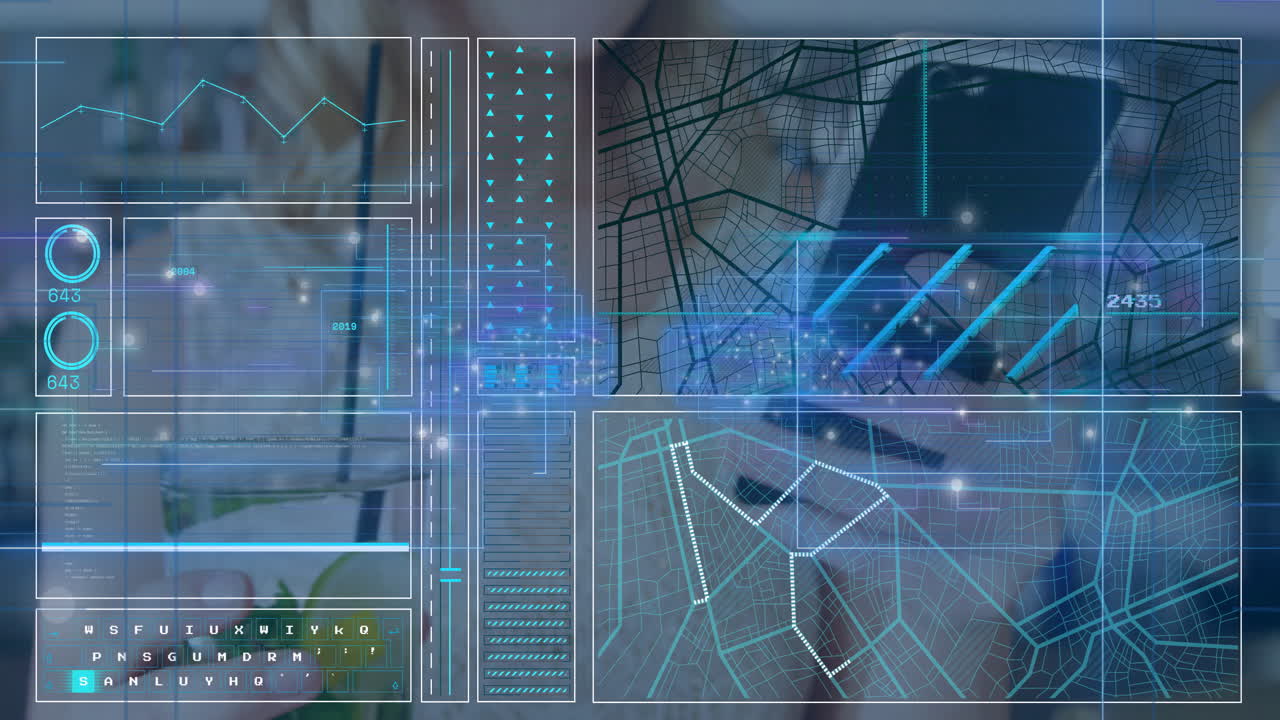Animation of digital interface with data graphs and maps on blurred background