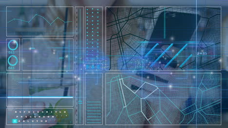 animation of digital interface with data graphs and maps on blurred background