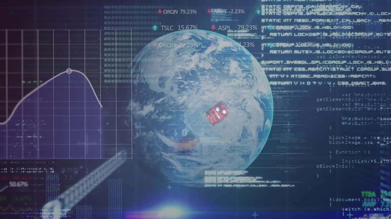Animation of data processing and globe over dices