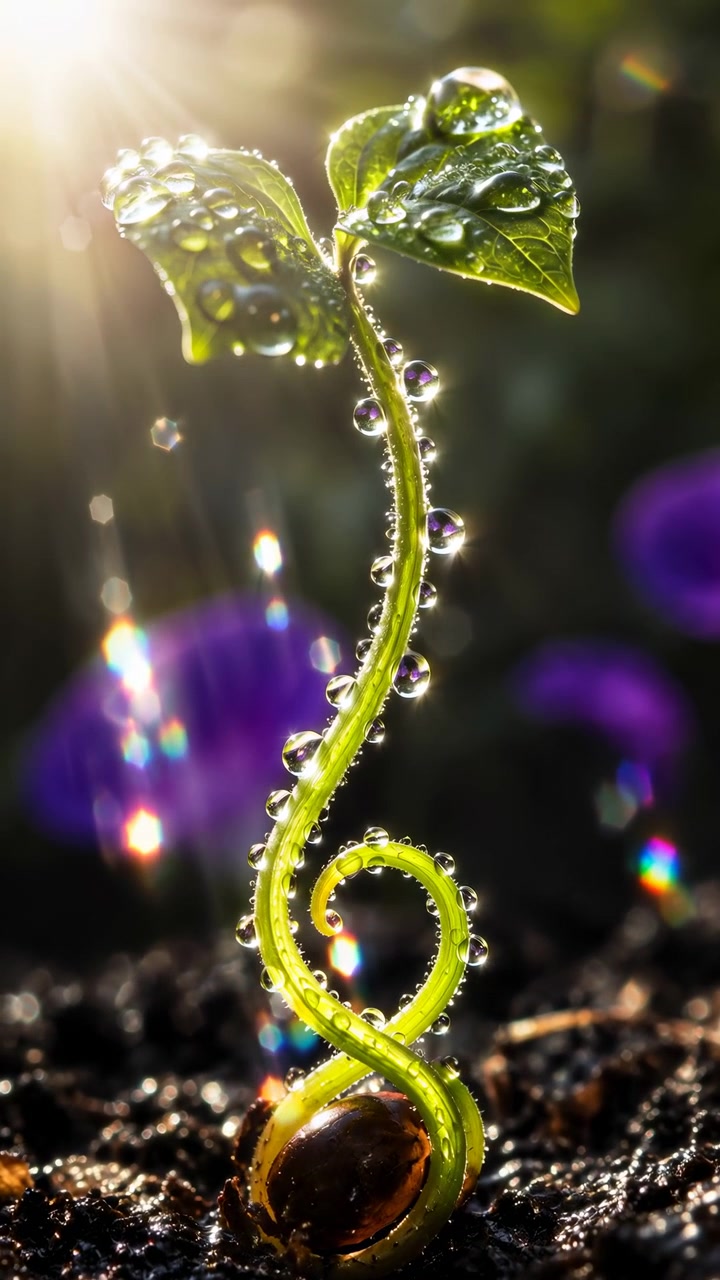 Close-up Macro-opname vanuit Laag Perspectief van Ontkieming, Toont Gekrulde Stengel die Zich Omhoog Ontrolt vanuit Zaad door Vochtige Aarde, Vormt Sierlijke S-curve terwijl Twee Kiemblaadjes Oprijzen in Warm Tegenlicht met Zachte