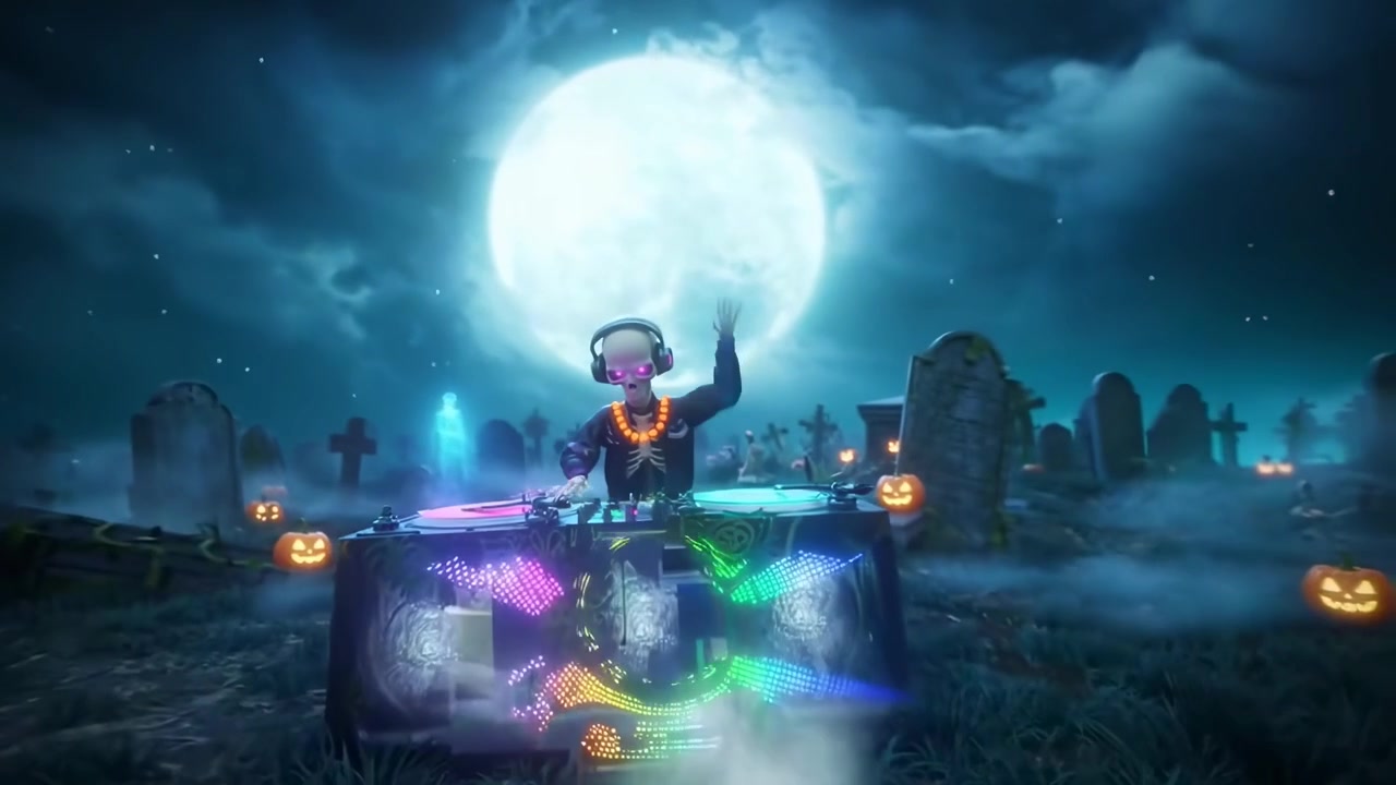 DJ Scheletro che si esibisce a una festa di Halloween spettrale in un cimitero