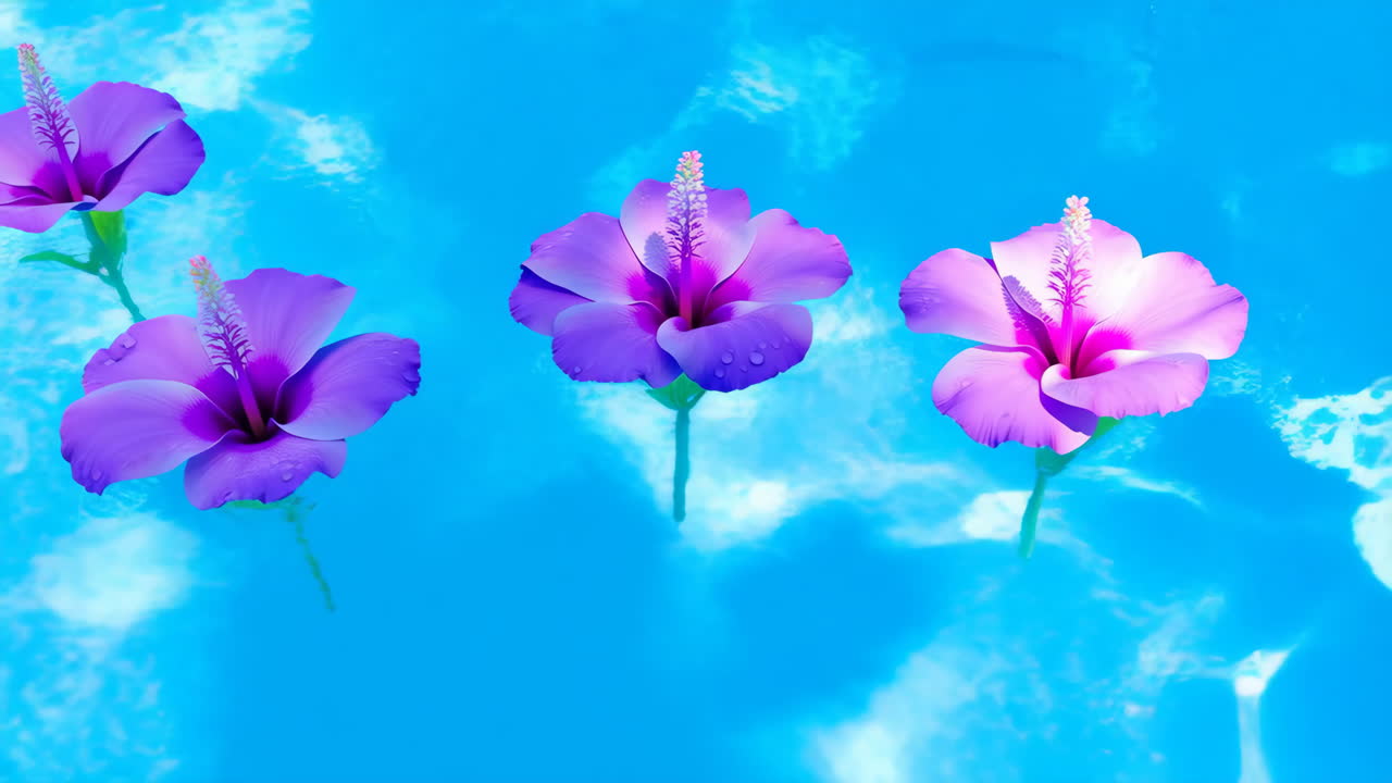 Purple Hibiscus Flowers Floating on Blue Water