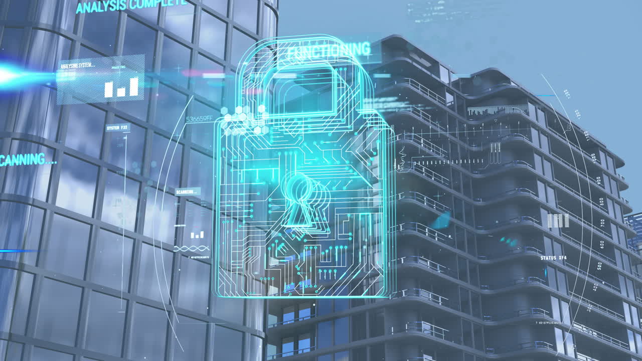 Animación de candado digital y seguridad de datos sobre edificios de oficinas modernos