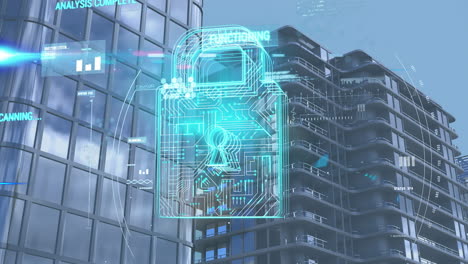 digital padlock and data security animation over modern office buildings