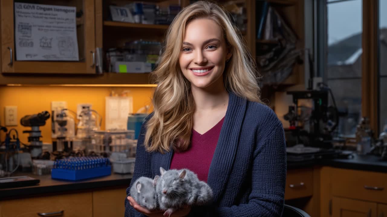 A Young Researcher Enthusiastically Presents Small Rodent Specimens in a Laboratory Setting with Advanced Scientific Equipment and a Warm Smile