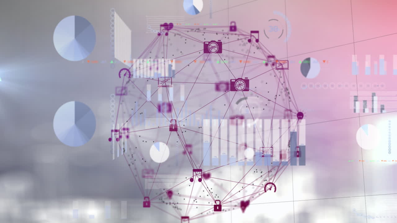 animación del procesamiento de datos estadísticos y globo de iconos digitales contra un fondo de gradiente rosa.