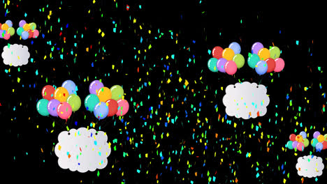 animation of colorful balloons flying and falling confetti over black background