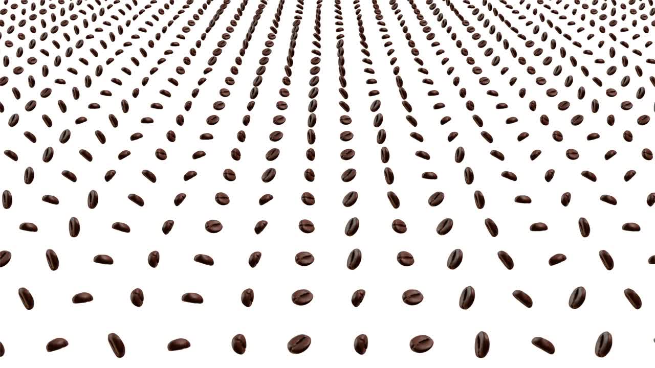 Animazione 3D 4K con molti chicchi di caffè che ruotano su sfondo bianco in loop, bevanda alla caffeina, colazione, aroma