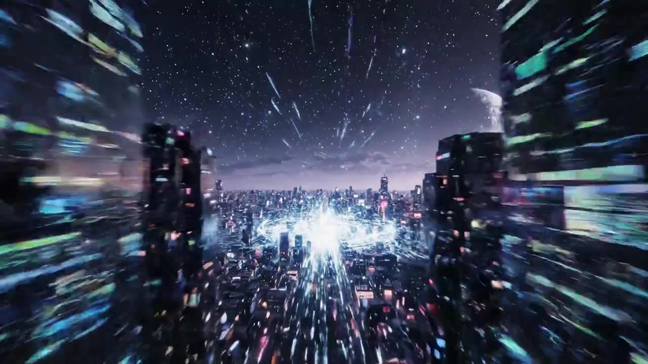 A breathtaking futuristic metropolis, illuminated by vibrant neon lights and surrounded by a star-filled sky, showcasing advanced technology and a sprawling urban landscape.