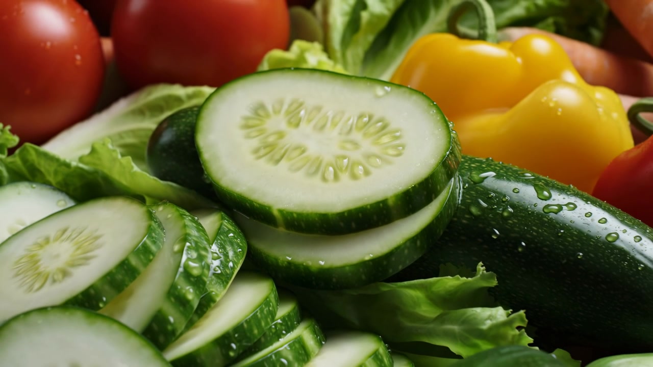 Close-up view gradually pulls back from stacked cucumber rounds, revealing leafy greens, tomatoes, yellow pepper, carrots, and glossy moisture beading across fresh produce.