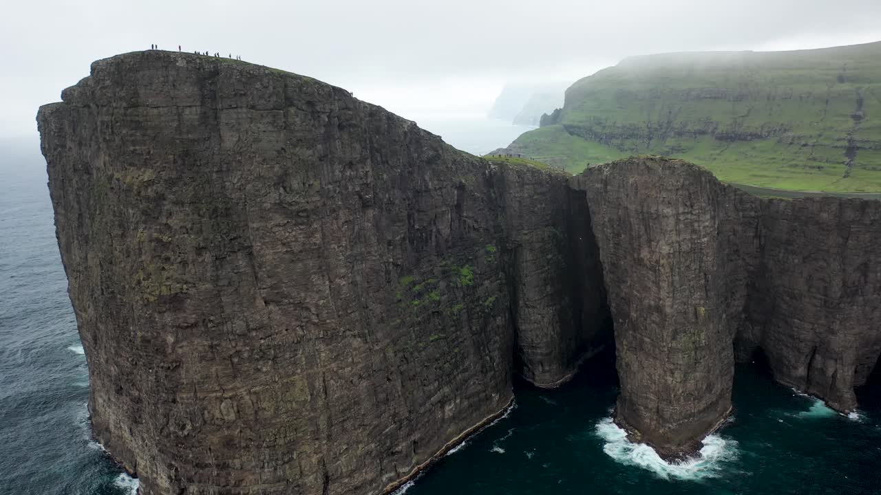 Large clifftops on Faroe Islands coast, with Sørvágsvatn lake behind, aerial pan