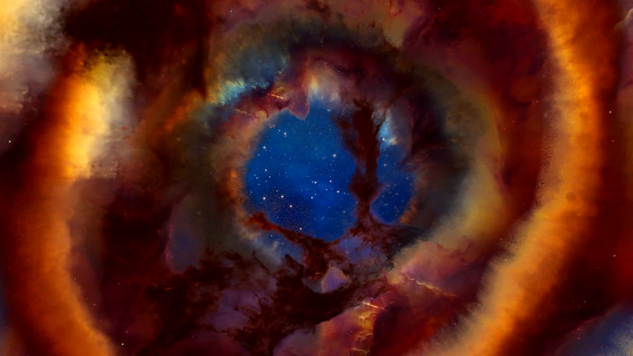 The viewer zooms into a tunnel of gas and dust in deep space in this animation.