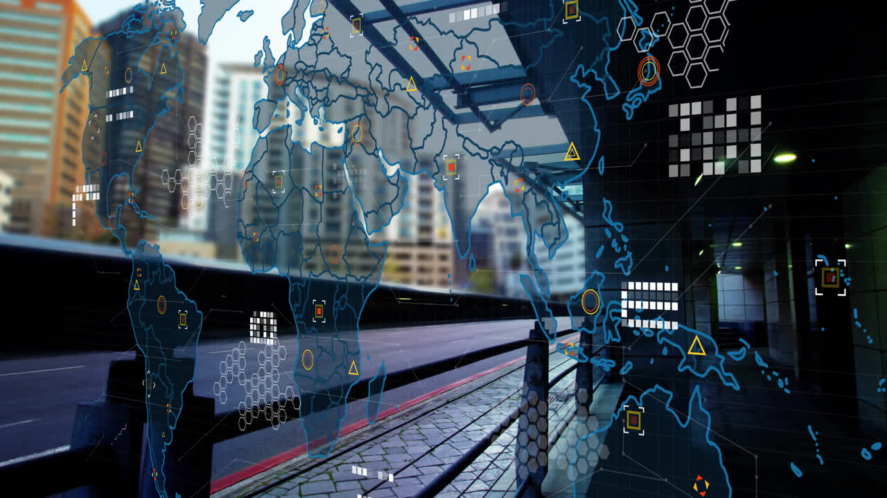 World map with data points and network connections animation over urban cityscape