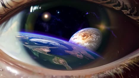 a human eye looking up at space, with a planet and a star in the reflection