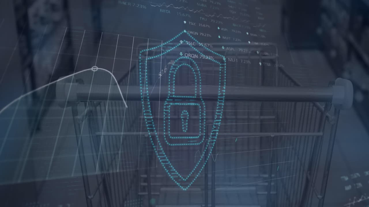 анимация финансовых данных и цифровой замок над корзиной покупок