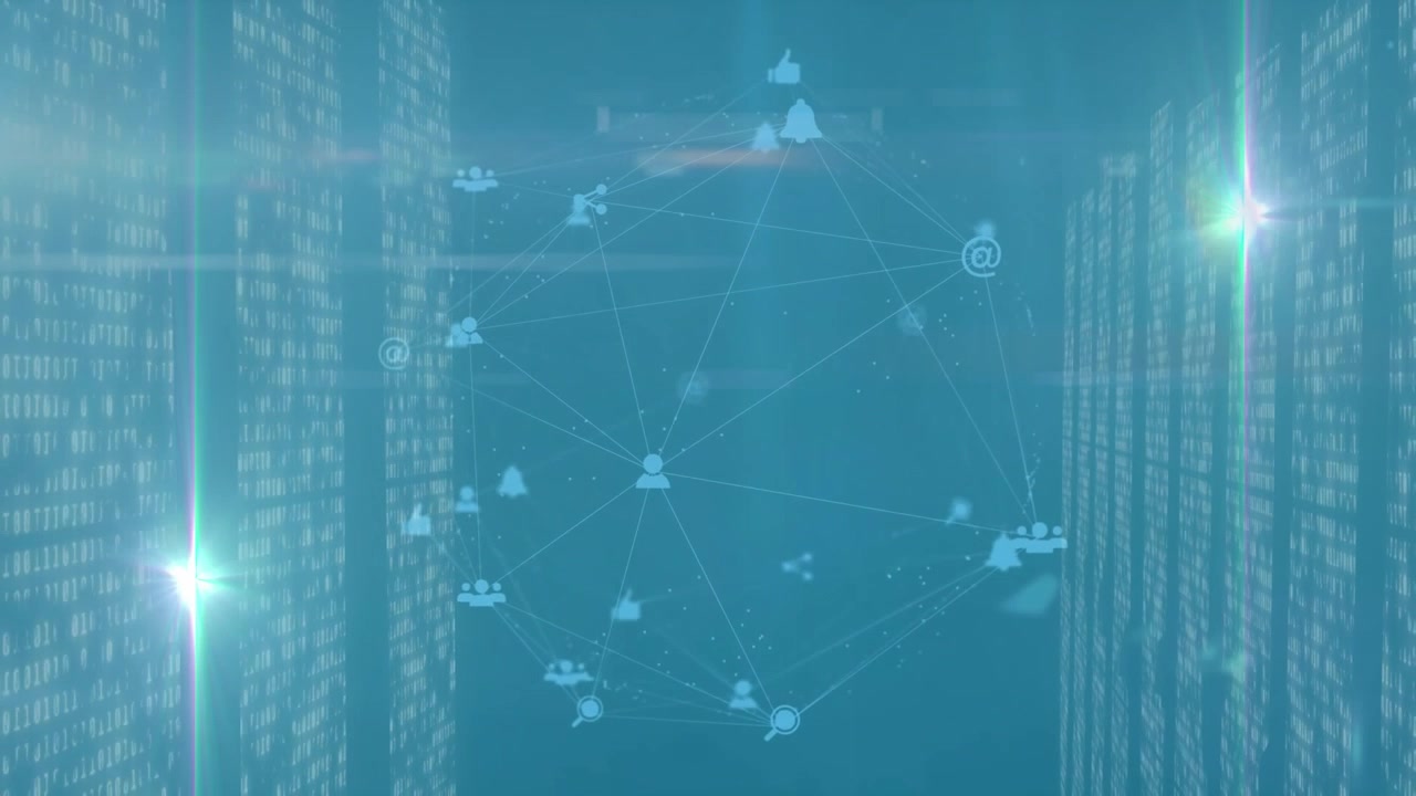 Animation of light spots moving over globe of digital icons spinning and screens of mosaic squares