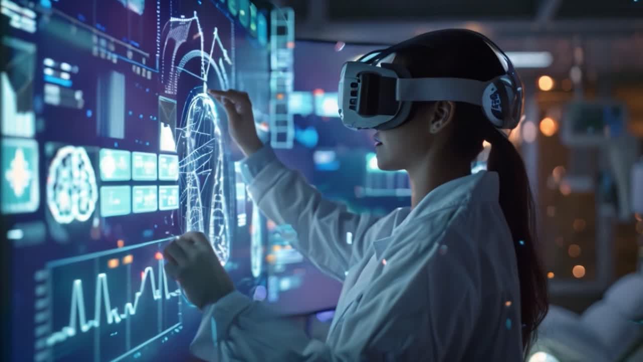Scientist Interacting with Futuristic Data Visualization in Virtual Reality