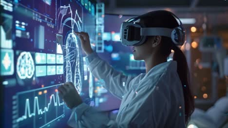 scientist interacting with futuristic data visualization in virtual reality