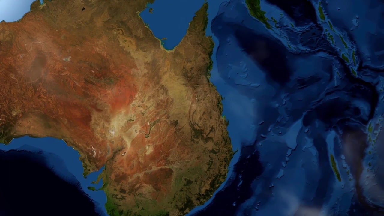 Satellite view 3D animation zooming from outer space into Gladstone, Australia with map pin. Includes NASA public domain imagery.