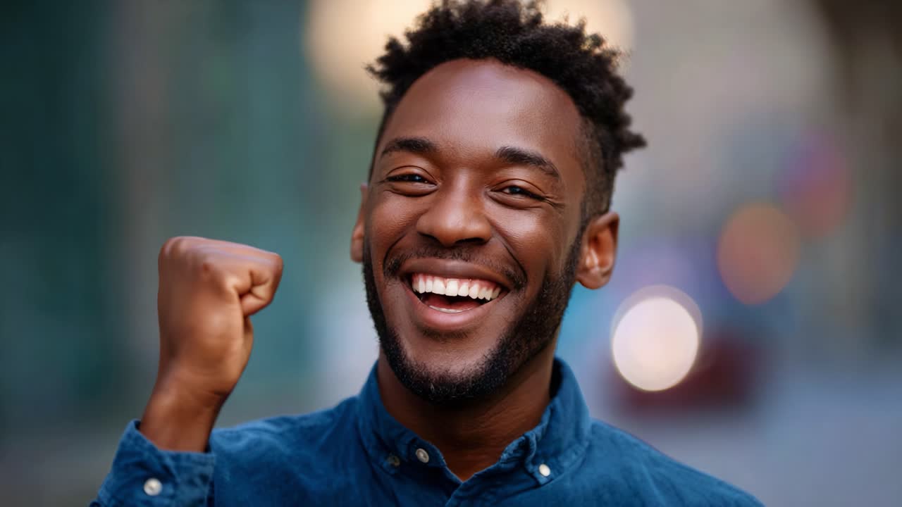 Joie extatique : un homme célébrant son succès avec un sourire et un coup de poing dans un environnement urbain dynamique rempli de douces lumières colorées