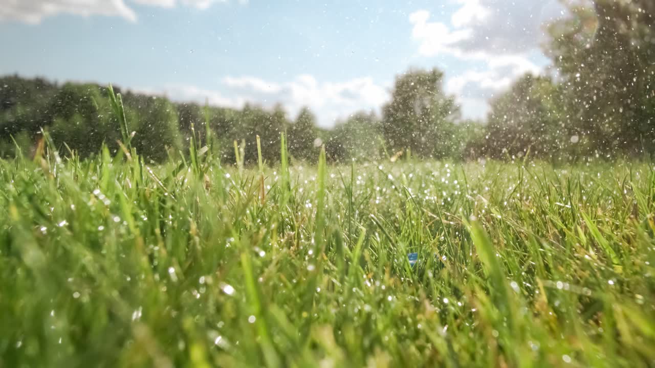 골프 클럽은 슈퍼 슬로우 모션으로 골프 공을 때립니다. 아침 이슬의 방울과 풀 입자가 충돌 후 공중에 올라갑니다.