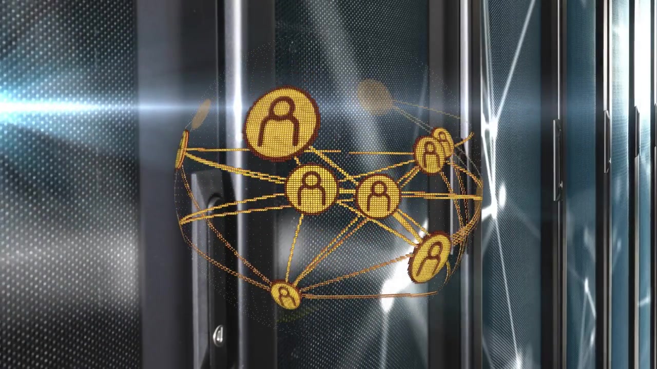 Digital Network of User Icons Connecting in a Server Room
