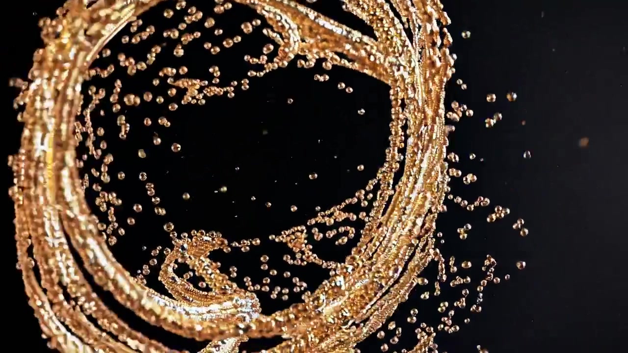 Dynamische goldene Flüssigkeitspartikel wirbeln auf schwarzem Hintergrund