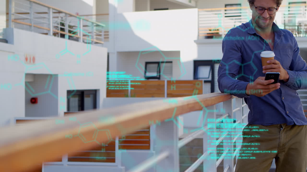 Animation of data processing over caucasian man using smartphone