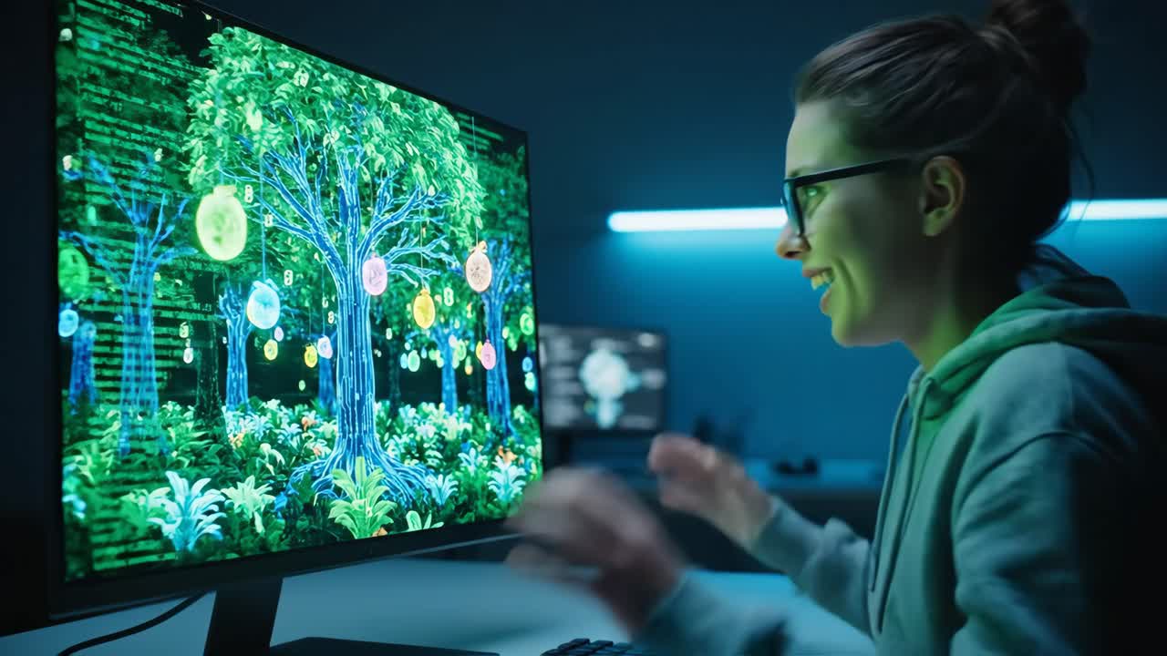 Woman Working on Computer with Code and AI Visualizations