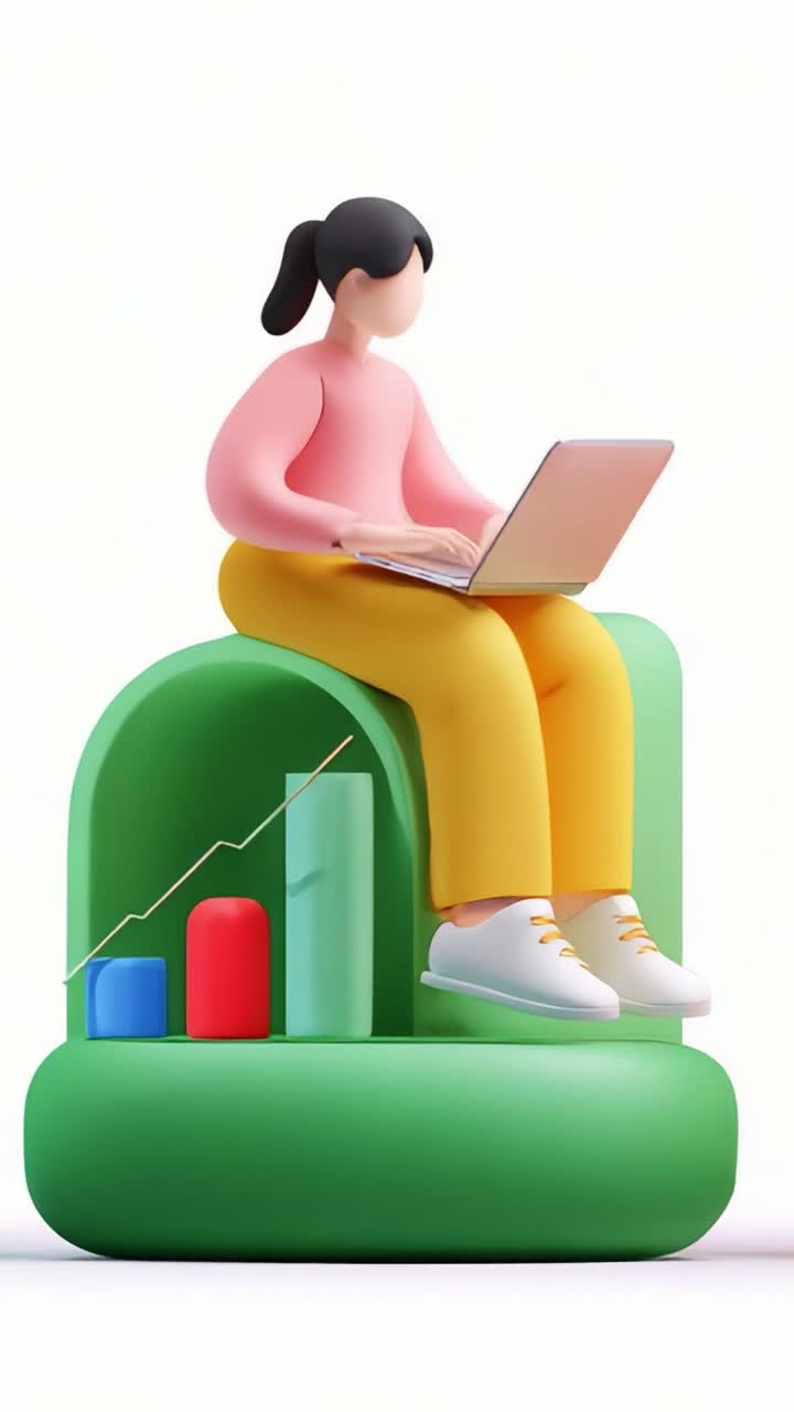 A Young Professional Analyzing Business Growth Trends on Laptop, Representing Data Visualization and Online Work in a Creative 3D Animation Style