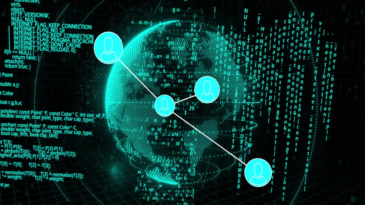 Animation of binary coding, data processing, connections and globe over dark background