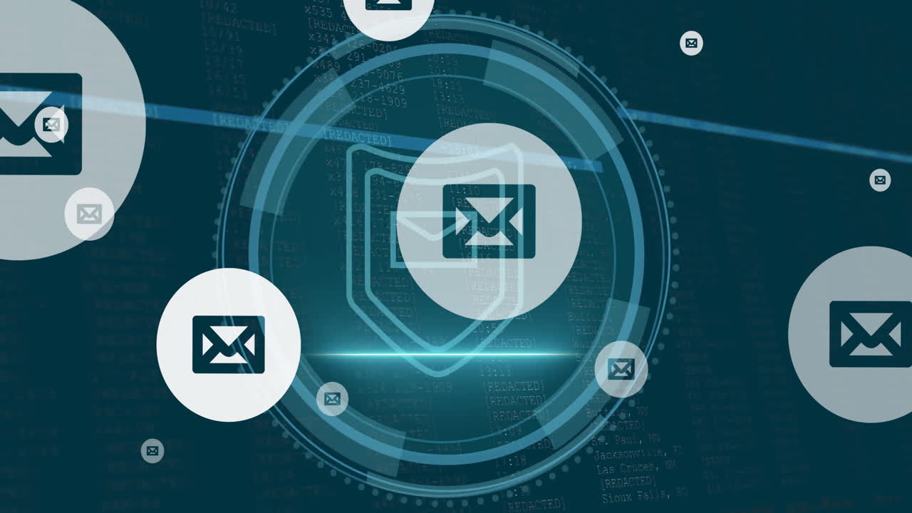 Animation of envelope icon in circles over cyber security, envelope and shield in loading circles