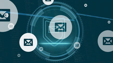 animation of envelope icon in circles over cyber security, envelope and shield in loading circles